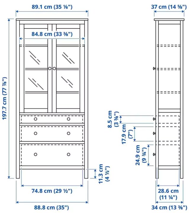 Шкаф-витрина с 3 ящиками HEMNES, Коричневый