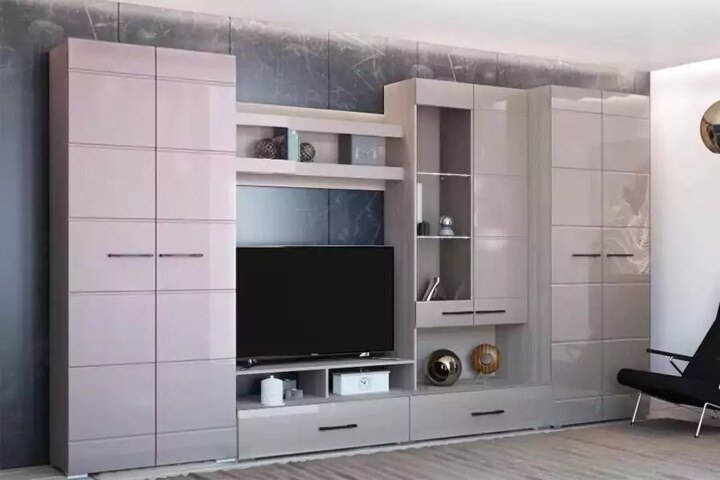 Стенка Нэнси со шкафом мдф капучино глянец 1 Римини, Бежевый