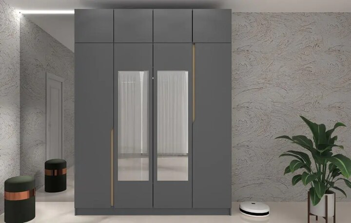 Шкаф распашной Рондело виз 4-х дверный с антресолью и 2-мя зеркалами 2.0 м, Серый